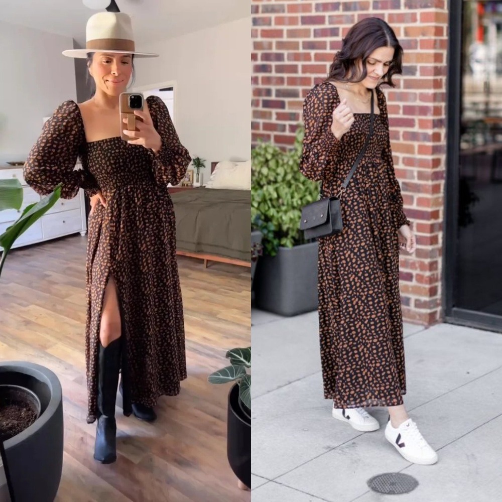 o.p.t | NWT Few Moda Smocked Square Neck Puff Sleeve Maxi Dress in Black Floral